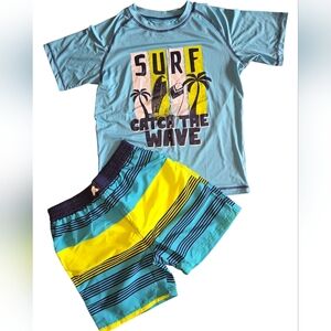 Surf-Themed Boys Rashguard Shirt And Shorts Swim Set - Blue and Yellow Size 12